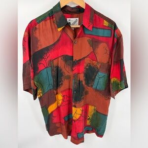 Goouch vintage men’s short sleeve silk button up abstract print shirt size M
